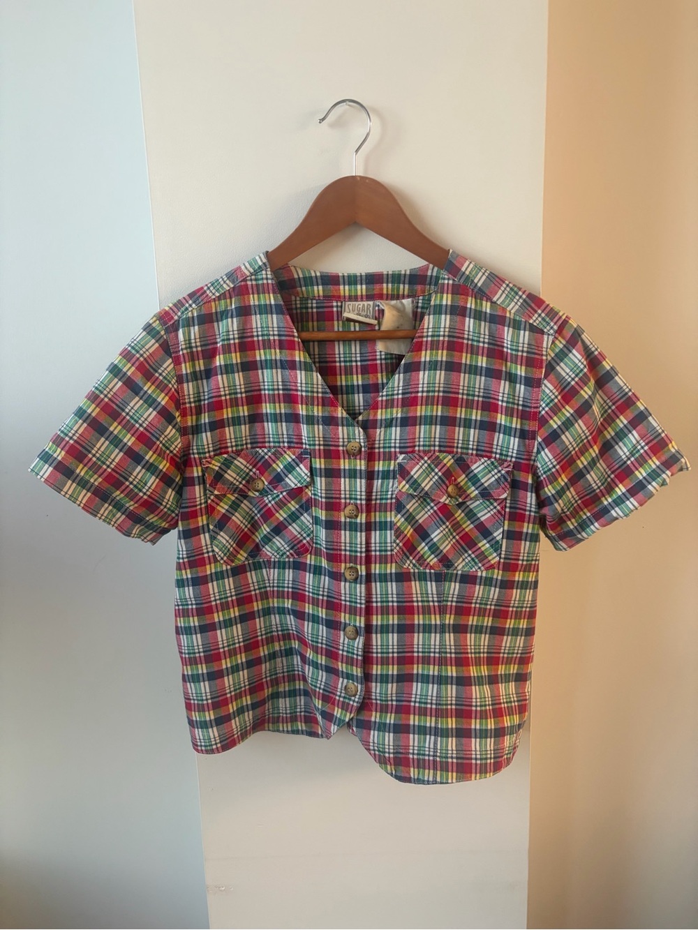 Multicolor Vintage Plaid Short-Sleeve Button-Front Shirt . Cottagecore. Western.